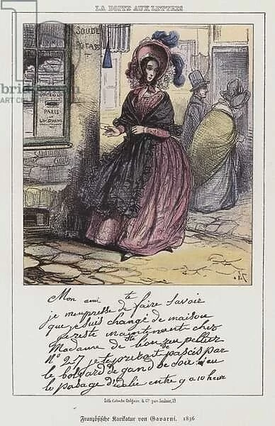 Woman going to post a letter, French cartoon, 1836 (colour litho)