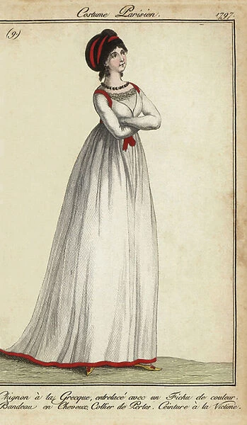 Woman in Greek-style bun and victim-style crossed belt, 1797 (handcoloured copperplate engraving)