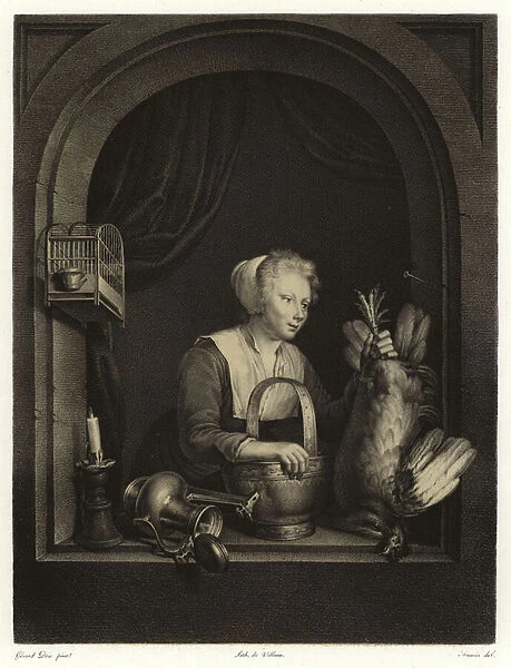 A woman hanging up a fowl (litho)