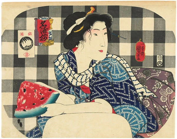 A woman holding a slice of watermelon, from the series Famous Brands of Sake