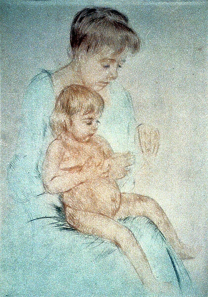 Woman holding small nude child on lap while manicuring her fingernails, c1904. Pastel. Mary Cassatt (1844-1926) American painter and printmaker who from 1866 lived mainly in France. Domestic Mother Child