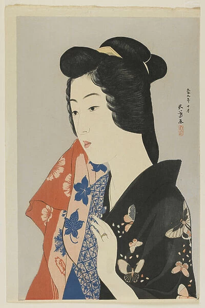 Woman Holding a Towel, Taisho era, October 1920 (colour woodblock print)