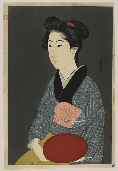 Woman Holding a Tray, Taisho era, January 1920 (colour woodblock print)