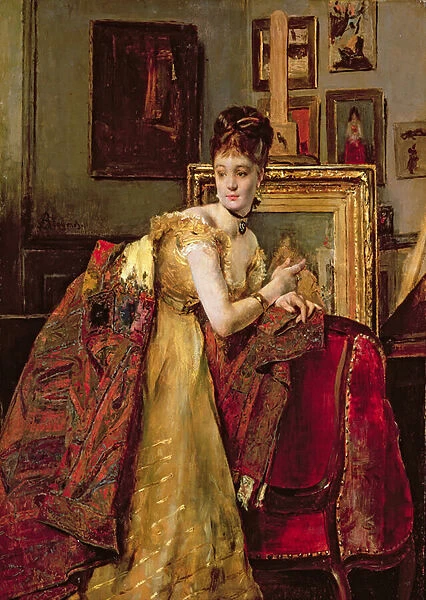 Woman with an Indian shawl in a studio (oil on canvas)