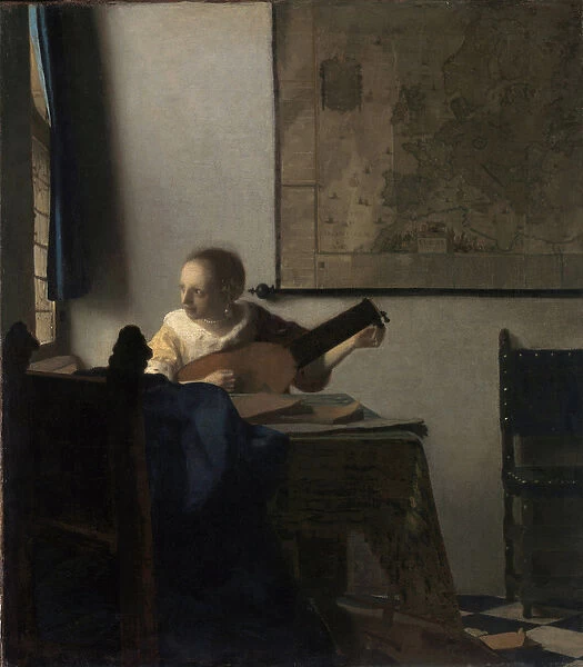 The Woman in the Lute - Painting by Johannes Vermeer (Vermeer de Delft) (1632-1675)