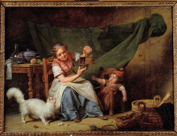 The Woman and the Mouse A girl holds a mouse catcher in front of the cat and a baby
