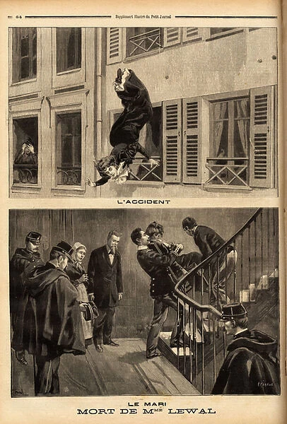 A woman, Mrs. Lewal, throws herself through the window of her apartment, then the husband lifts up her body. Engraving in 'Le petit journal'6  /  3  /  1898. Selva Collection