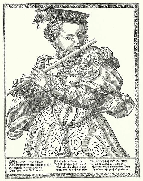 Woman playing a flute (engraving)