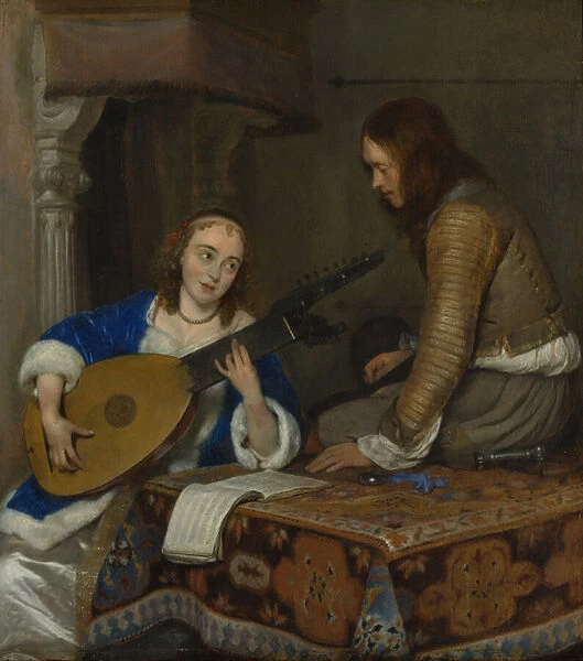 A Woman Playing the Theorbo-Lute and a Cavalier, c. 1658 (oil on wood)