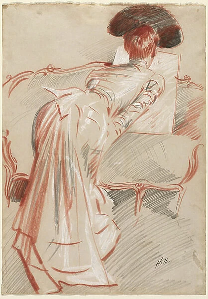 Woman (Possibly Madame Alice Hellu) Looking at a Drawing, c. 1895 (black, red, and white chalk)