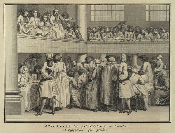 Woman preaching at a meeting of Quakers in London (engraving)