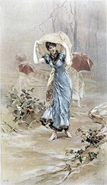 Woman protecting herself from the rain - allegory of early autumn