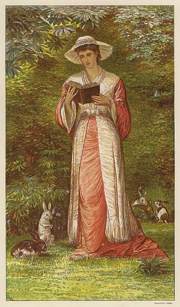 Woman reading a book in a garden with rabbits (colour litho)
