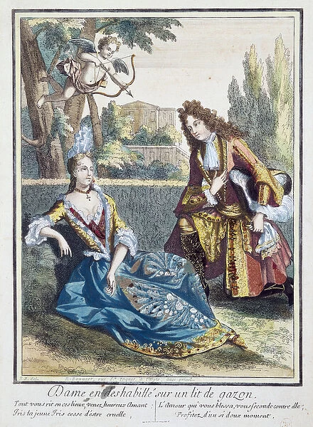A Woman Seated on the Grass (coloured engraving)