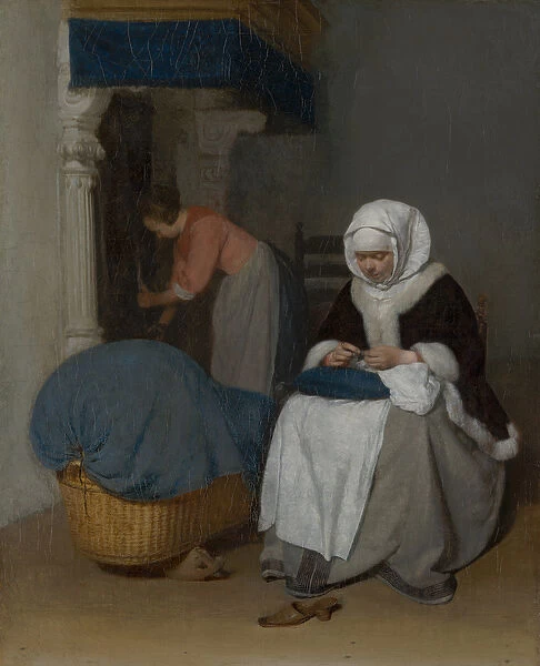 Woman Sewing beside a Cradle, c. 1656 (oil on canvas)