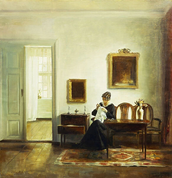 A Woman Sewing in an Interior (oil on canvas)