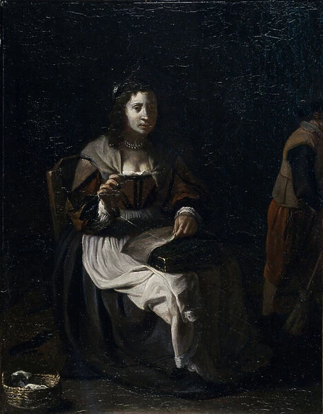 A woman sewing (oil on canvas)
