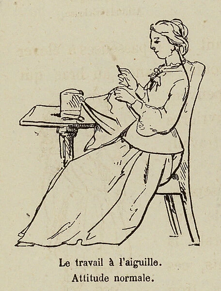 Woman sitting and sewing with normal posture (engraving)