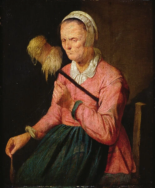 A Woman Spinning (oil on panel)