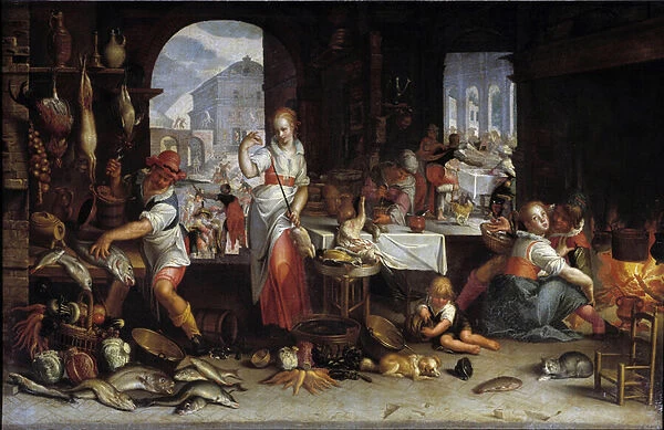 A woman spins a chicken in a kitchen filled with food. Painting by Joachim Wtewael