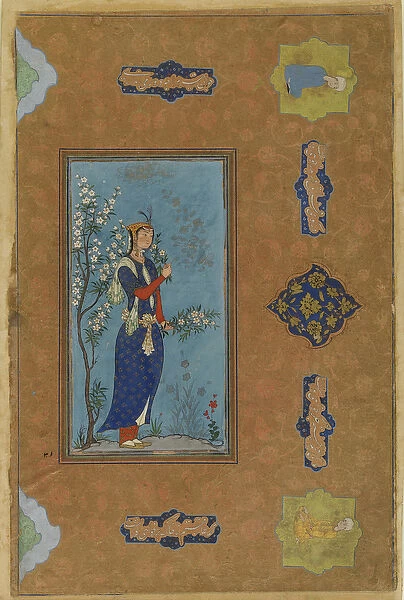 Woman with a spray of flowers, Safavid Period, c. 1575 (w  /  c & gold on paper)