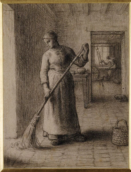 Woman Sweeping her Home (black chalk on paper)