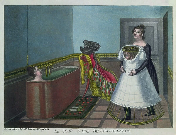 Woman taking a bath while her maid secretly conceals a voyeur