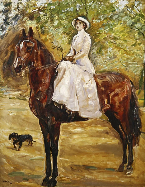 Woman in White Riding a horse; Dame im weissen Reitkleid zu Pferde, 1910 (oil on canvas)