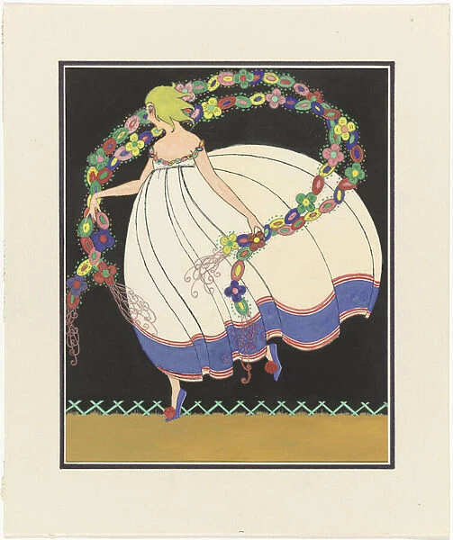 Woman in a Wide Dress with a Garland of Flowers, c. 1910-20 ( (pencil and ink)