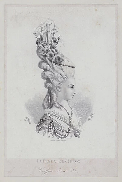 Womans elaborate hairstyle incorporating a frigate in the time of Louis XVI of France (engraving)