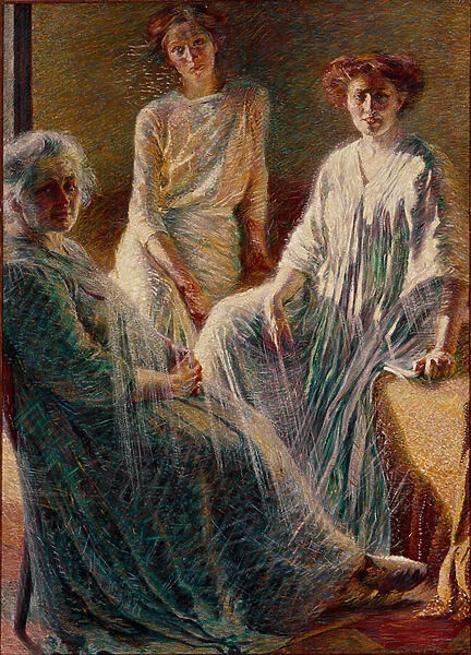 Three women. All three dinged in white, they symbolize the three ages of life