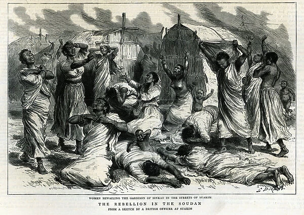 Women bewailing the garrison of Sinkat in the streets of Suakim, The Rebellion in the Soudan, from The Graphic, 8th March 1884 (engraving)