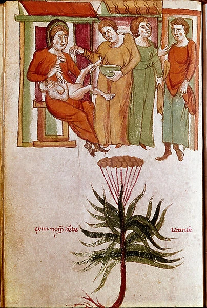 Four women caring for a child, trafficking in childcare. (miniature, early 13th century)