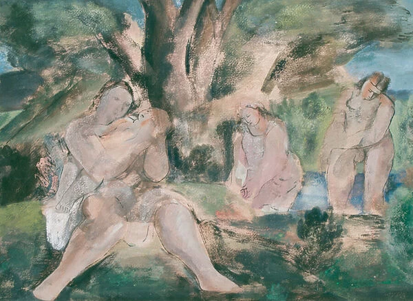 Three women and child bathing under a tree (w  /  c & ink on paper)