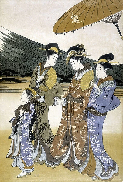Three women and children, Japanese print, 19th century