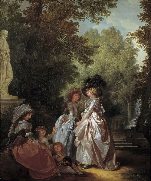 Women and Children in a Park Painting by Louis-Roland Trinquesse (ca. 1746-ca