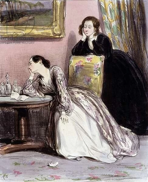 Two women in conversation about lovers, 'Fourreries de femmes', Gavarni, c