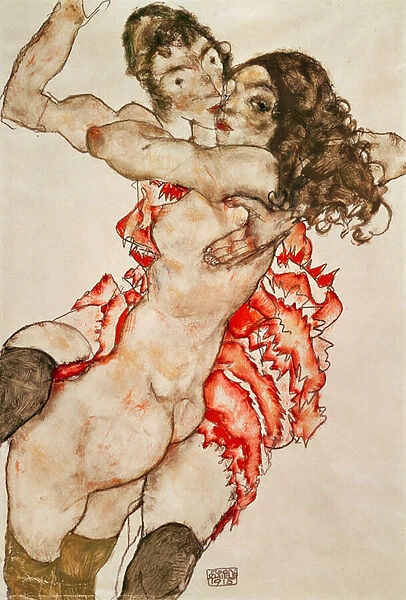 Two Women Embracing, 1915 (pencil, w  /  c & gouache on paper)