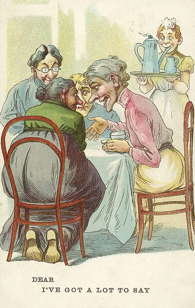 Women exchanging gossip (colour litho)