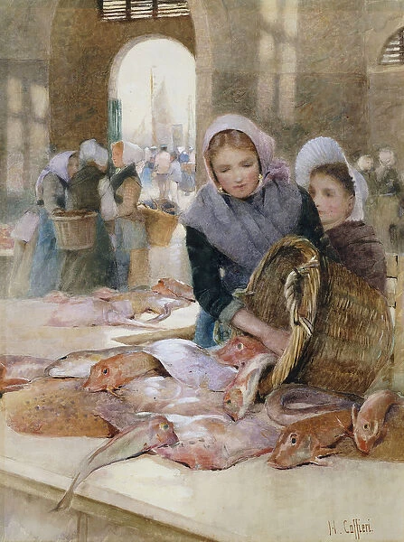 Women in the Fish Market, Boulogne (?), (pencil and watercolour heightened with white)