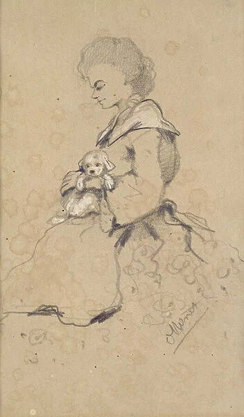 Women holding a small dog, 1857 (black & white chalk on paper)