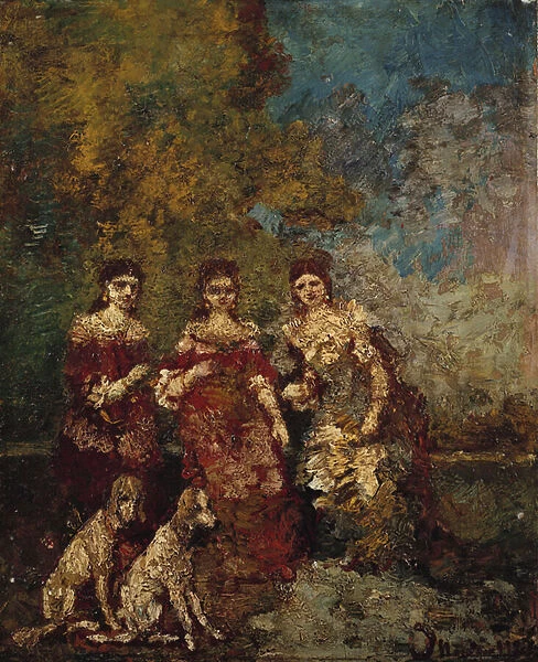 Three Women in the Park (oil on panel)