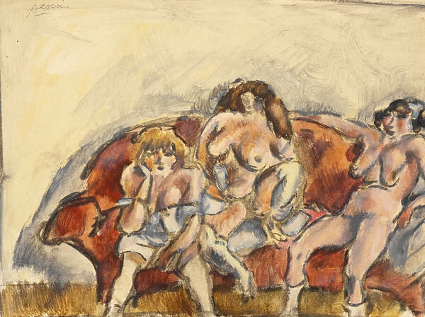 Three Women on a Red Sofa (w  /  c on paper)