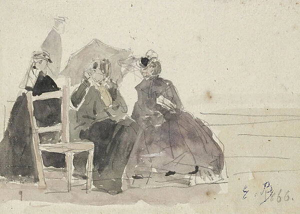 Three Women seated on Chairs on a Beach (graphite on white paper)