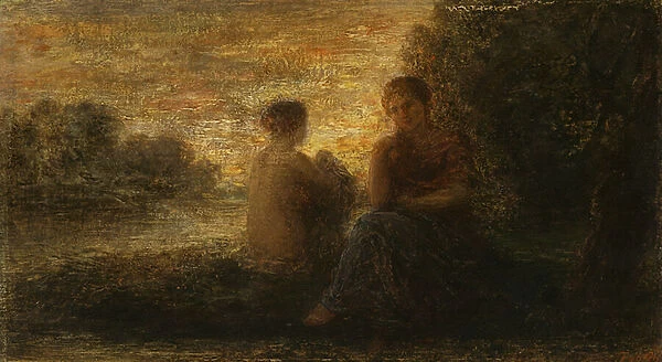 Two Women Seated near a Lake (oil on canvas)