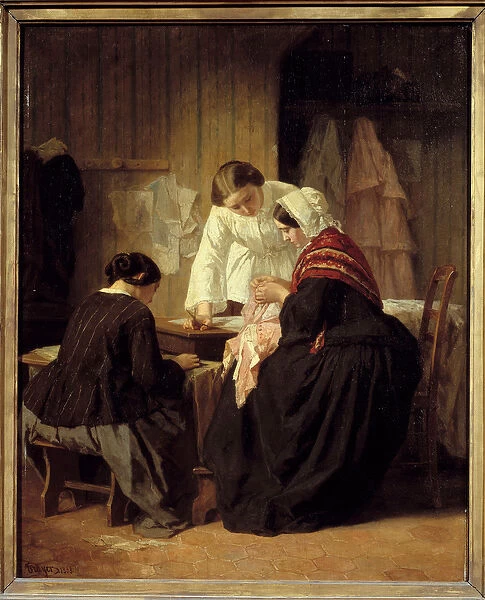 Three women sewing. Painting by Jules Trayer (1824 - 1909), 1858. Oil on wood. Dim: 0