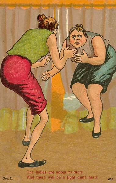 Two women wrestlers (colour litho)