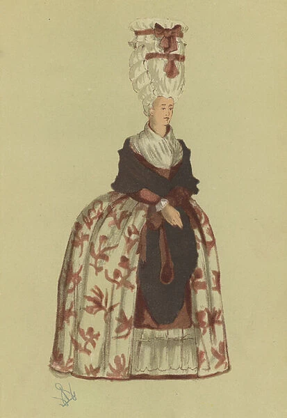 Womens costume of the reign of George III, 1777 (colour litho)