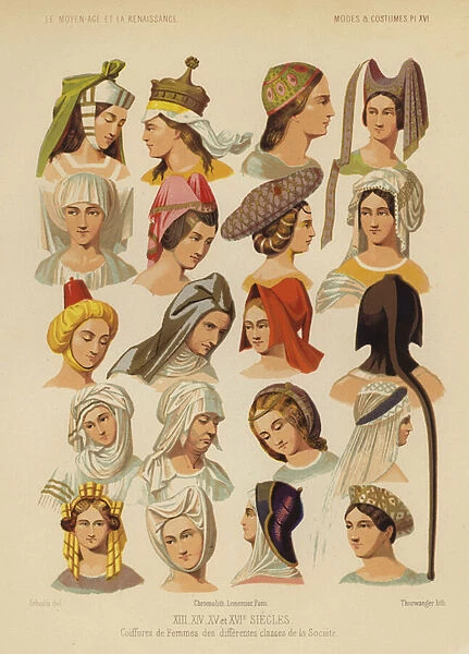 Womens hats and headdresses, 13th-16th Century (chromolitho)