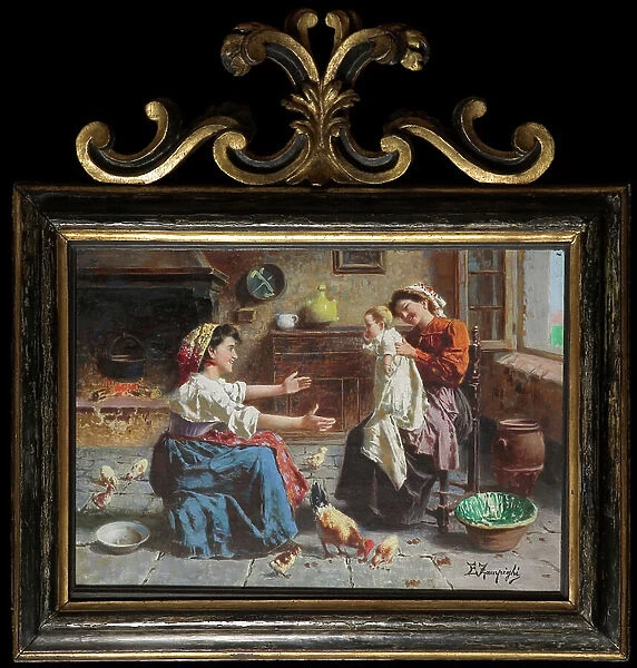 Two Women's Meeting and a Baby (oil on canvas)